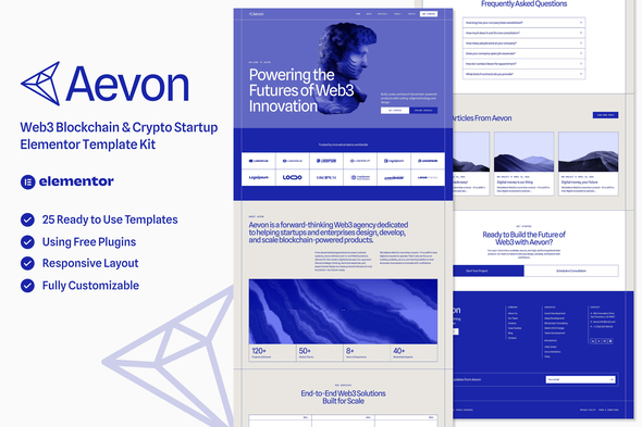 Aevon - Web3 Blockchain & Crypto Startup Elementor Template — Elementor template kit cover