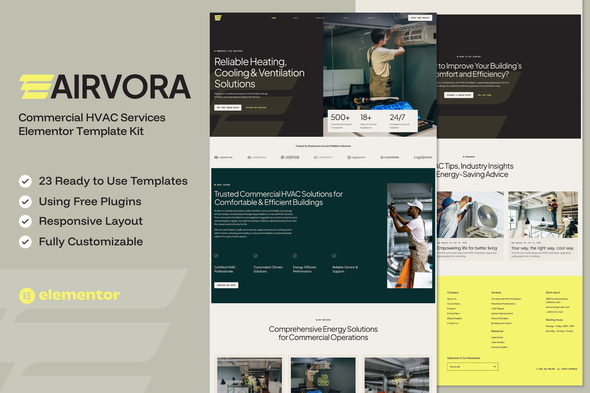 Airvora - Commercial HVAC Services Elementor Template — Elementor template kit cover