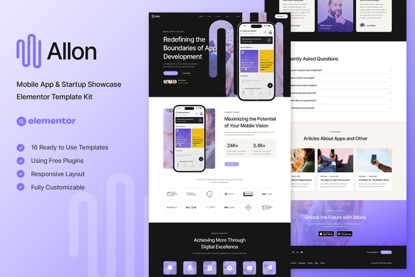 Allon - Mobile App & Startup Showcase Elementor Template — Elementor template kit cover