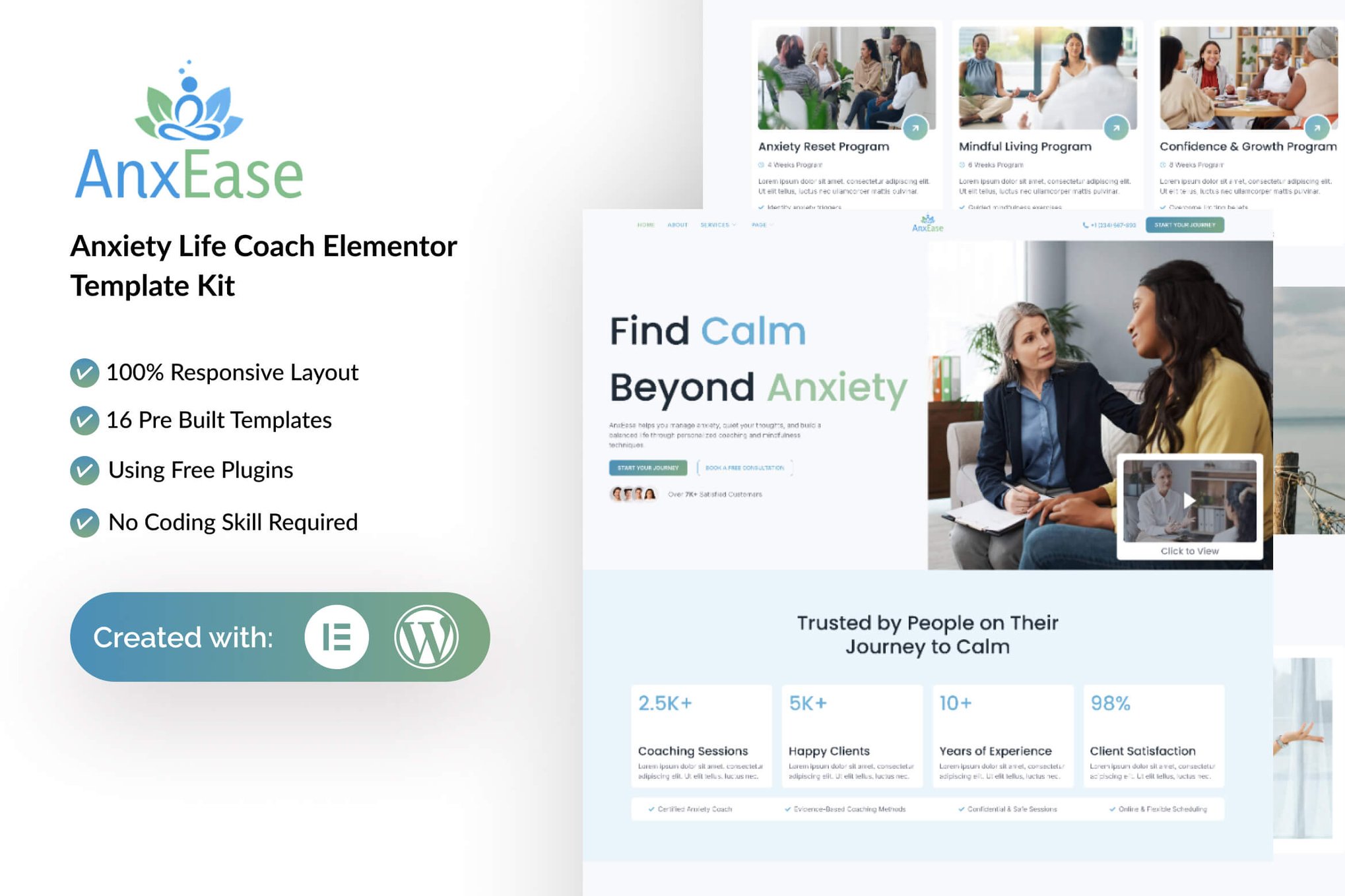 AnxEase - Anxiety Life Coach Elementor Template — Elementor template kit cover