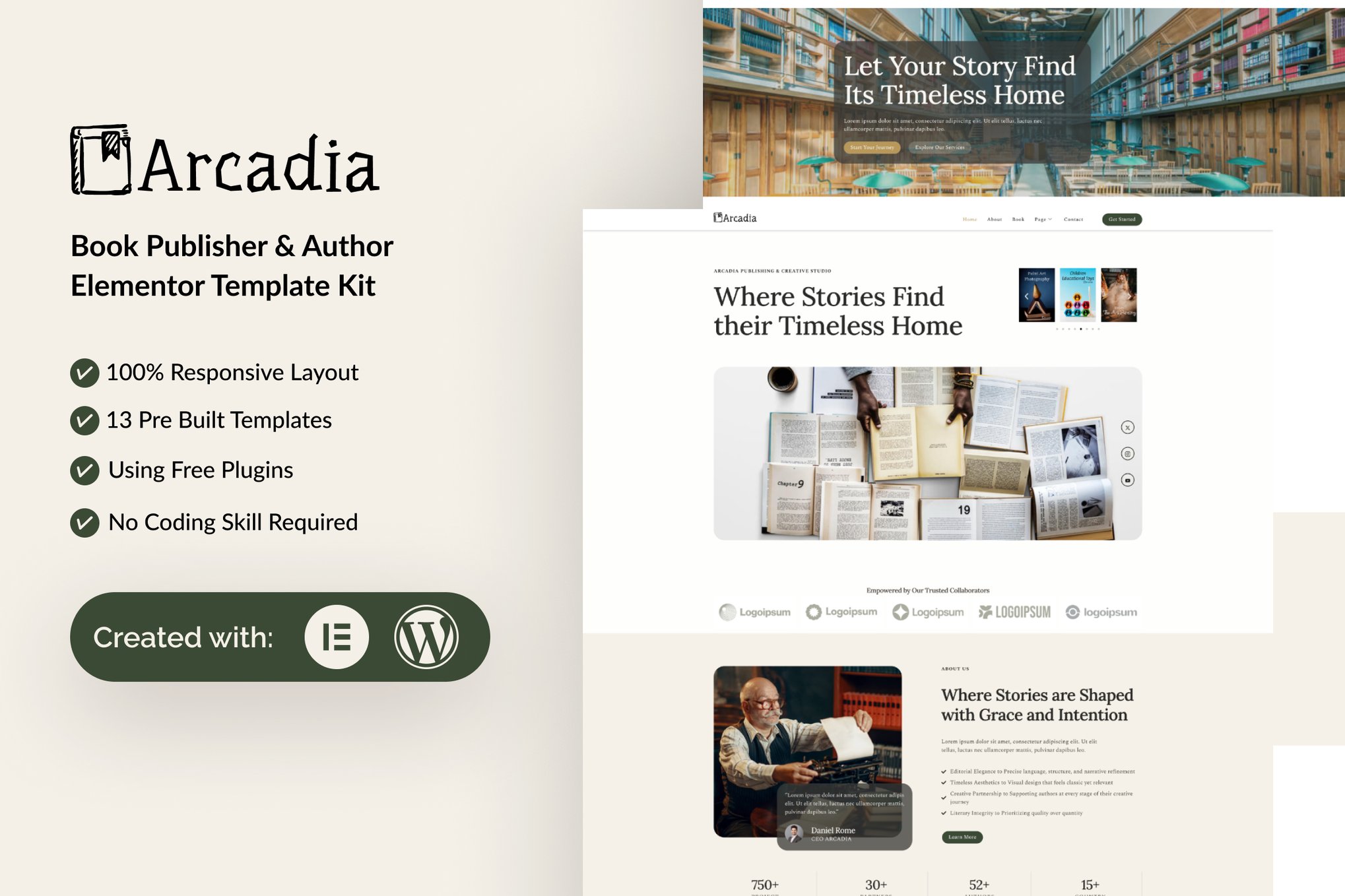 Arcadia - Book Publisher & Author Elementor Template — Elementor template kit cover