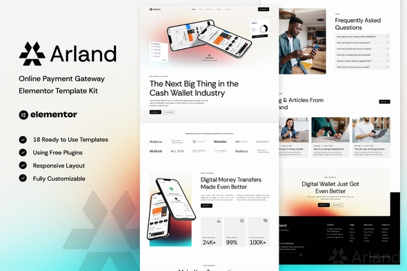 Arland - Online Payment Gateway Elementor Template — Elementor template kit cover