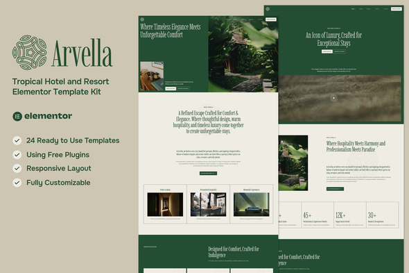 Arvella - Tropical Hotel & Resort Elementor Template — Elementor template kit cover