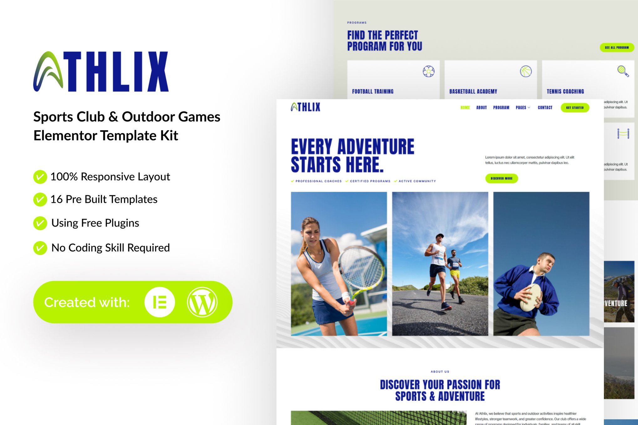 Athlix - Sports Club & Outdoor Games Elementor Template — Elementor template kit cover