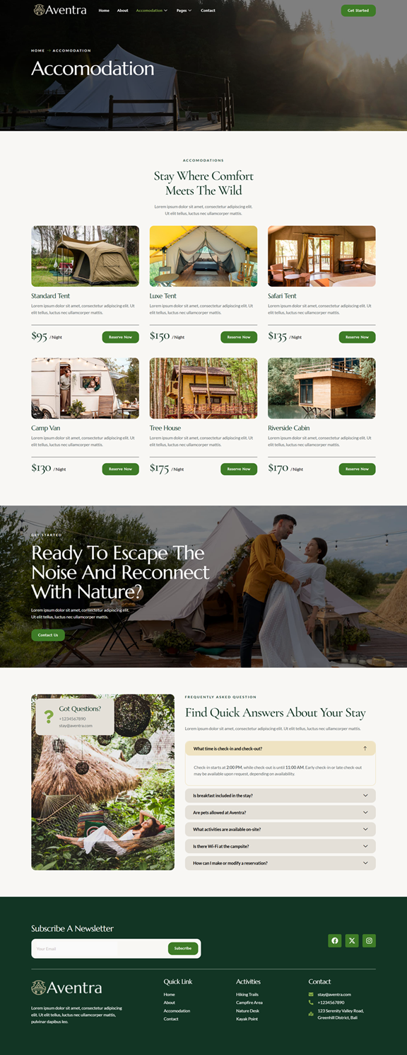 Accomodation — Aventra - Glamping & Adventure Elementor Template