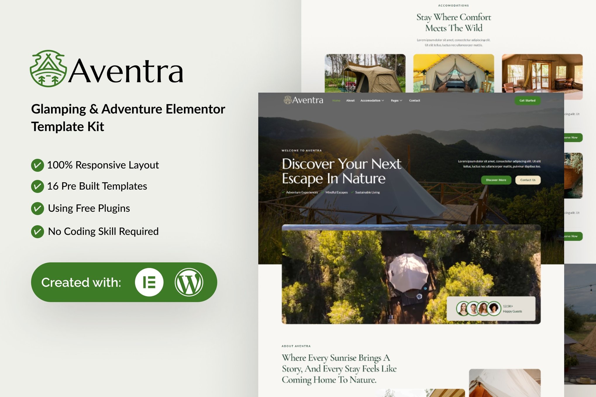 Aventra - Glamping & Adventure Elementor Template — Elementor template kit cover