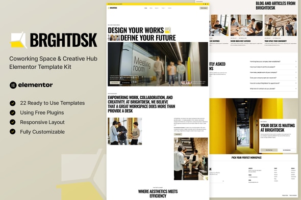 BrightDesk - Coworking Space & Creative Hub Elementor Template — Elementor template kit cover