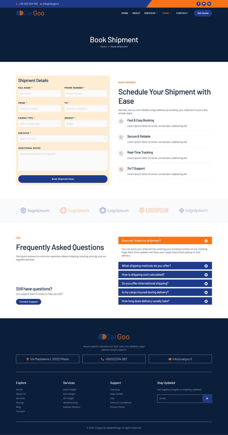 Book Shipment — CarGoo - Logistic & Cargo Transportation Elementor Template