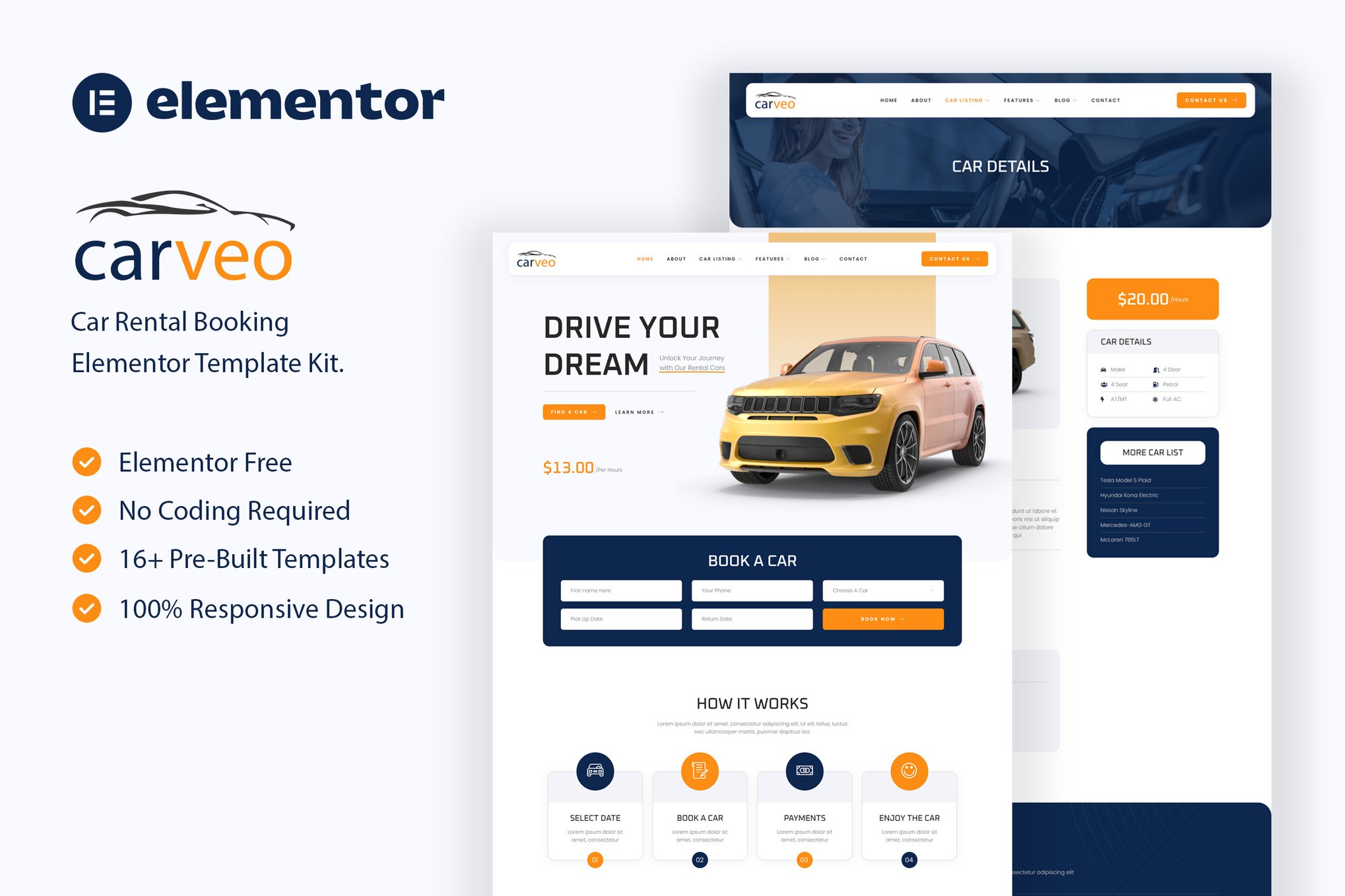 Carveo - Car Rental Elementor Template — Elementor template kit cover