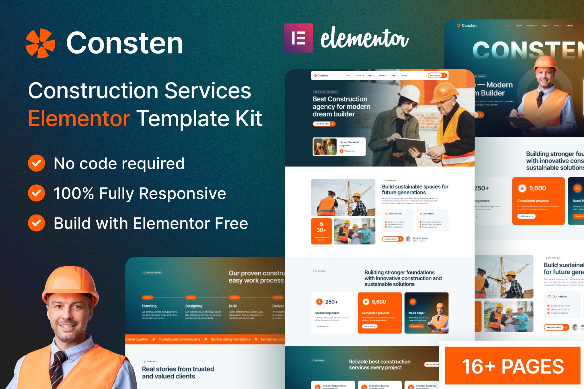 Consten — Construction Services Elementor Template — Elementor template kit cover