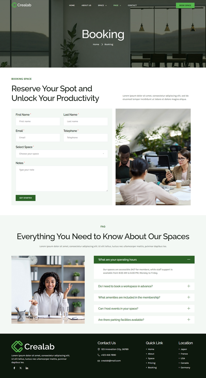 Booking — Crealab - Coworking Creative Space Elementor Template