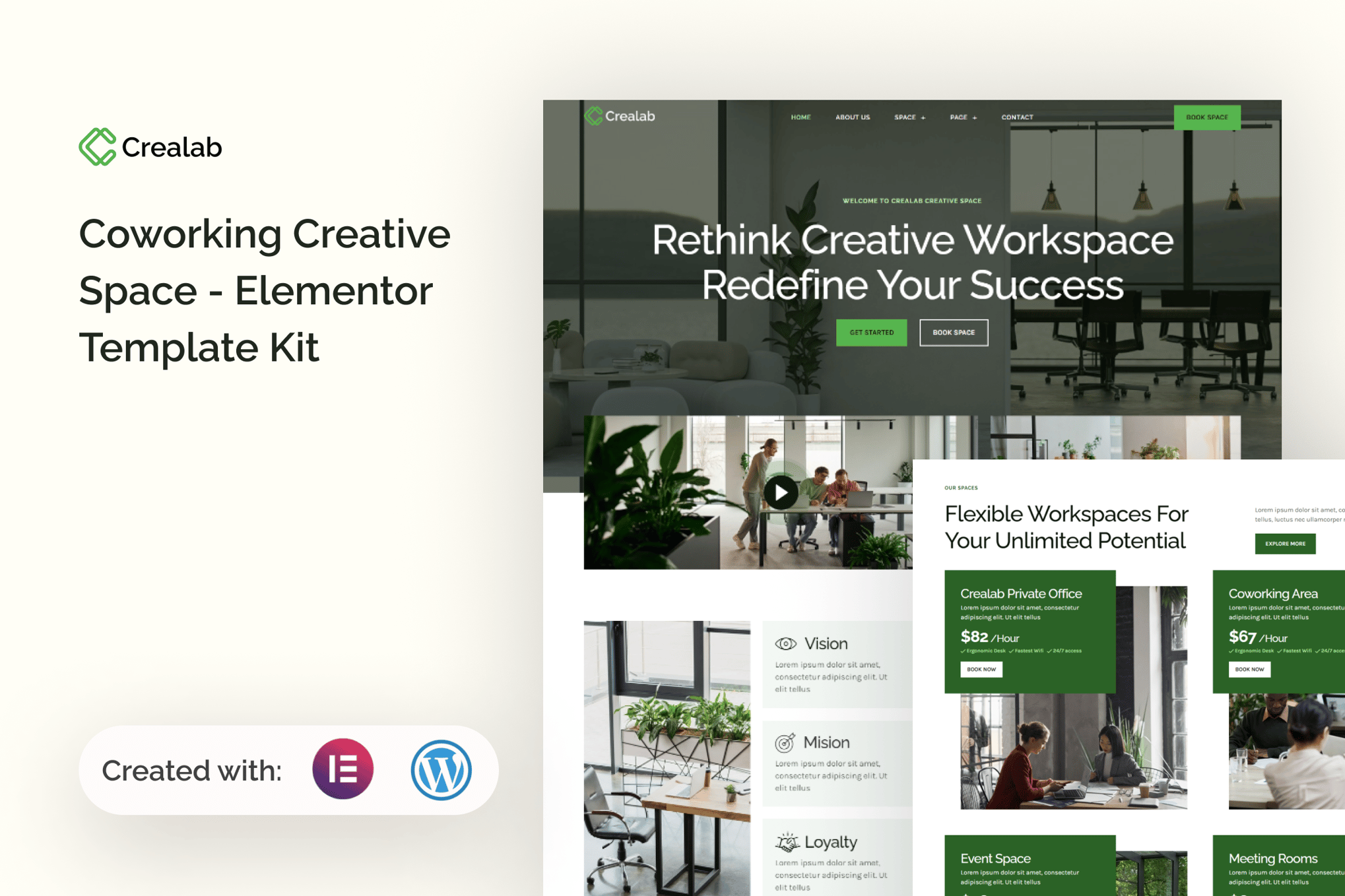 Crealab - Coworking Creative Space Elementor Template — Elementor template kit cover