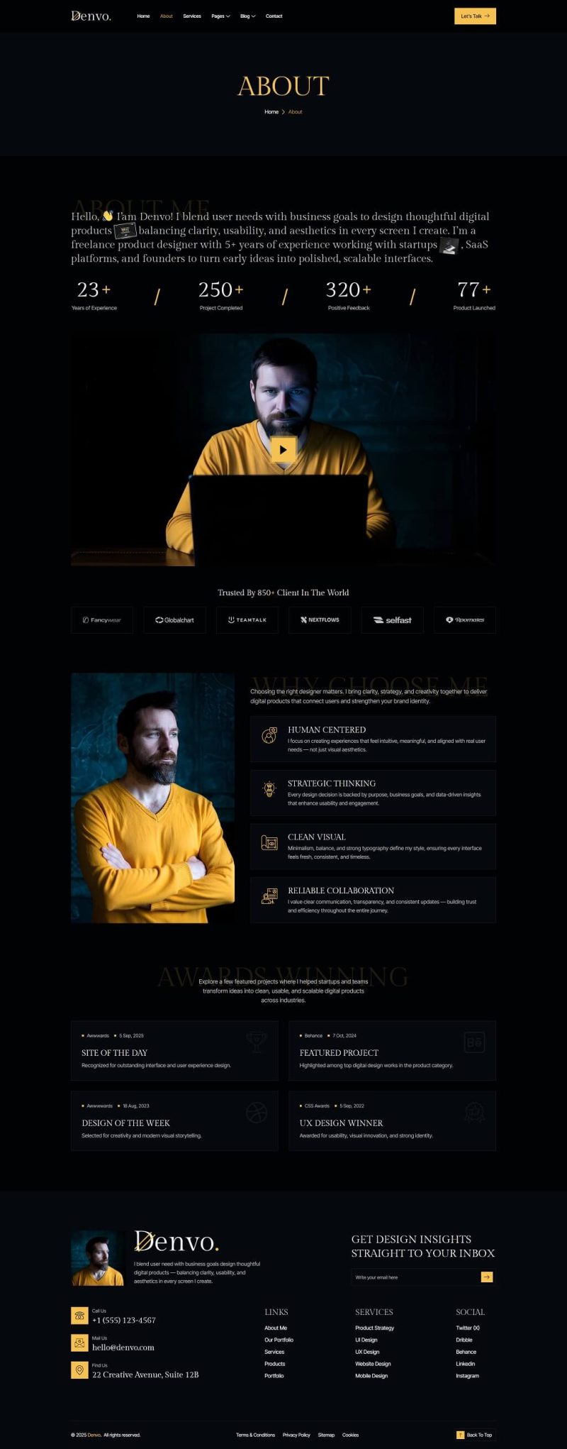 About — Denvo - Product Designer Personal Portfolio Elementor Template