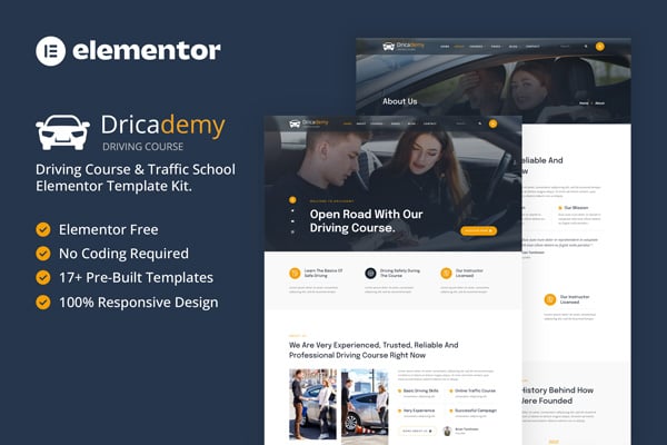 Dricademy - Driving Course & Traffic School Elementor Template — Elementor template kit cover