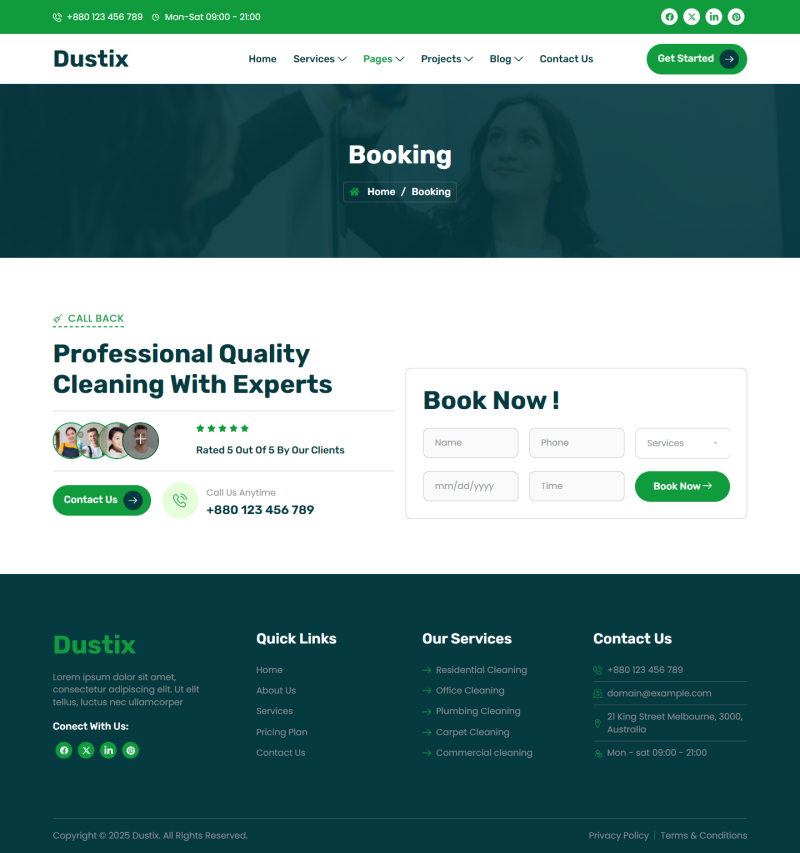 Booking — Dustix - Cleaning Services Elementor Template