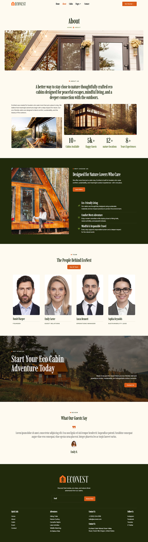 About — Econest - Eco-Friendly Cabin Rental Adventure Elementor Template