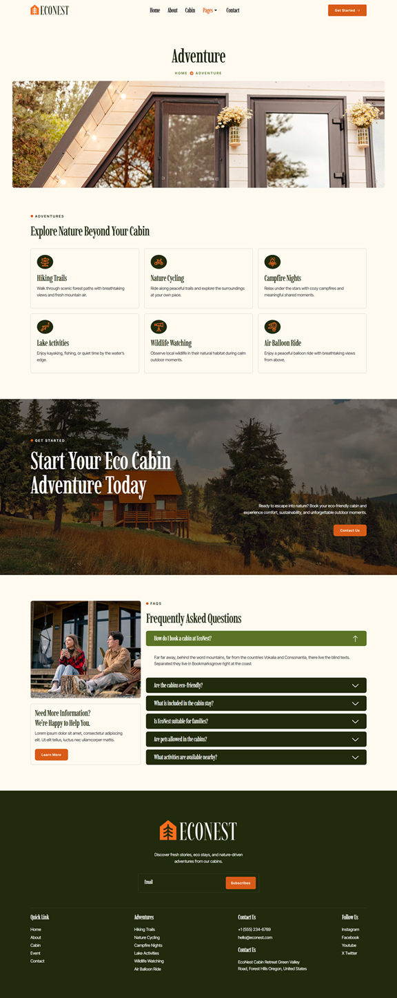 Adventure — Econest - Eco-Friendly Cabin Rental Adventure Elementor Template