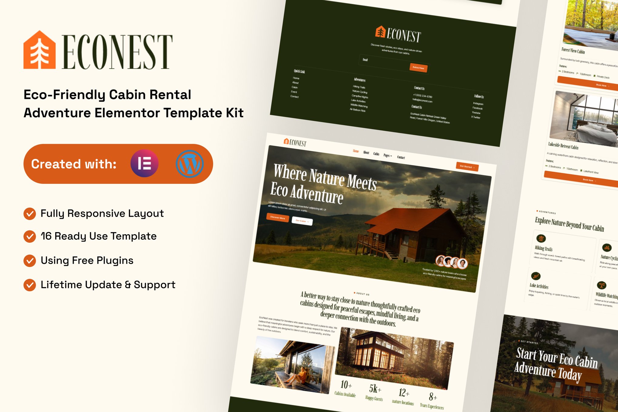 Econest - Eco-Friendly Cabin Rental Adventure Elementor Template — Elementor template kit cover