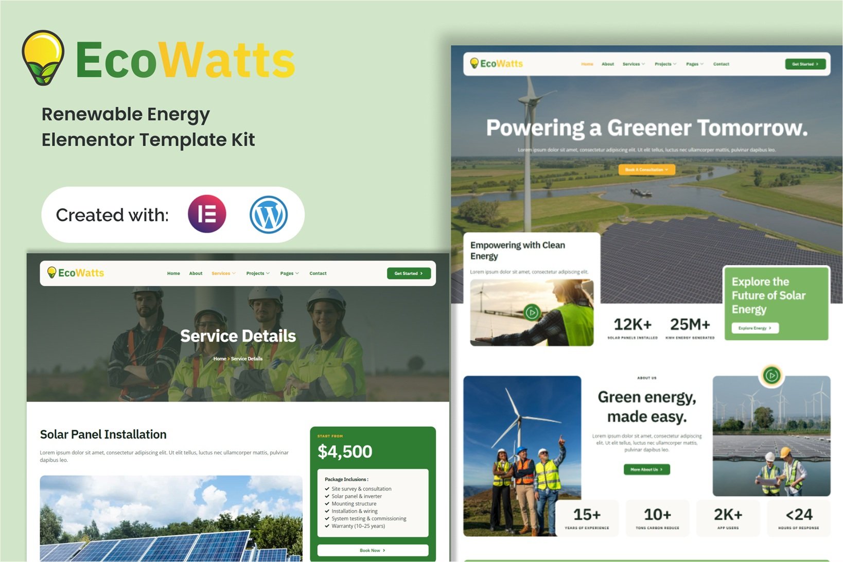 Ecowatts - Renewable Energy Elementor Template — Elementor template kit cover