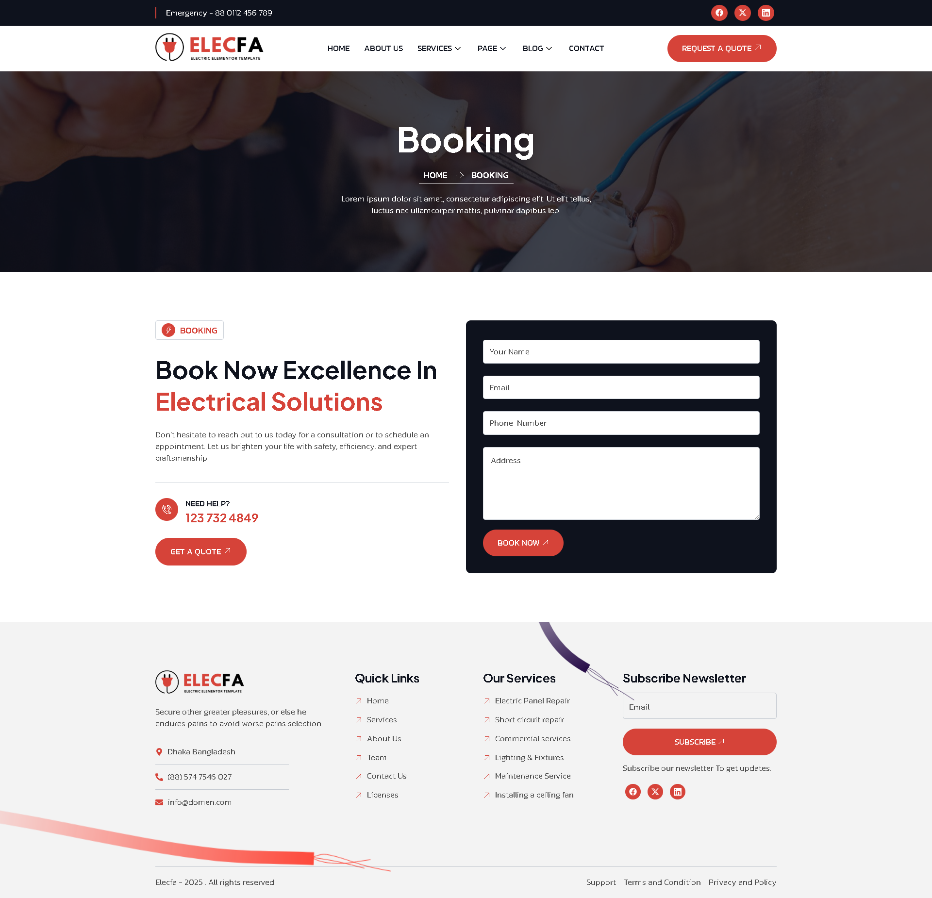 Booking — Elecfa - Electrician & Electrical Services Elementor Template
