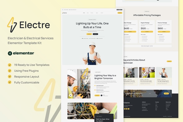 Electre - Electrician & Electrical Services Elementor Template — Elementor template kit cover
