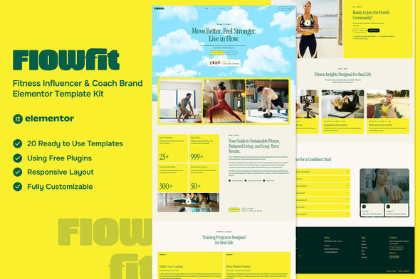Flowfit - Fitness Influencer & Coach Brand Elementor Template — Elementor template kit cover