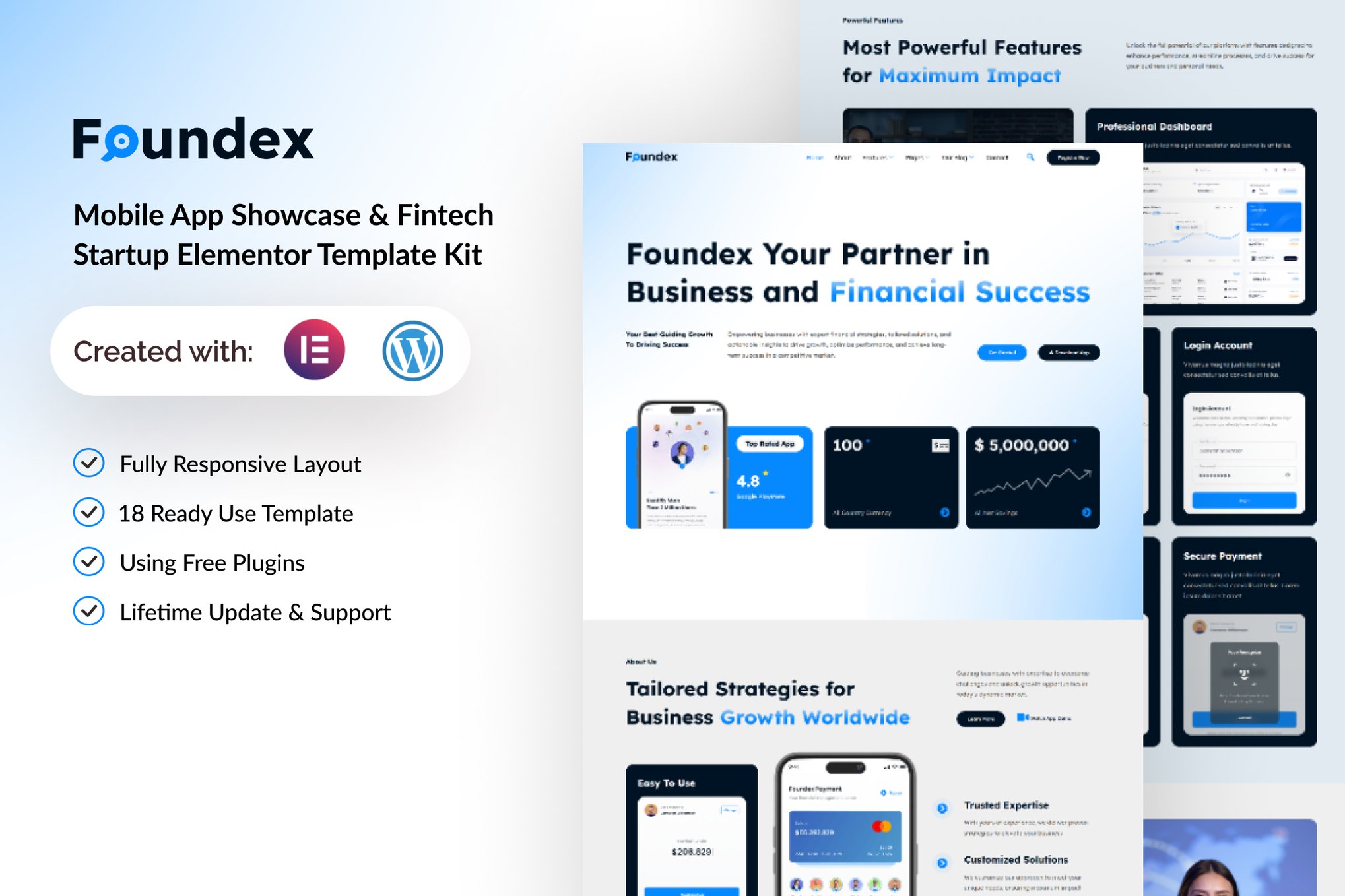 Foundex - Mobile App Showcase & Fintech Startup Elementor Template — Elementor template kit cover