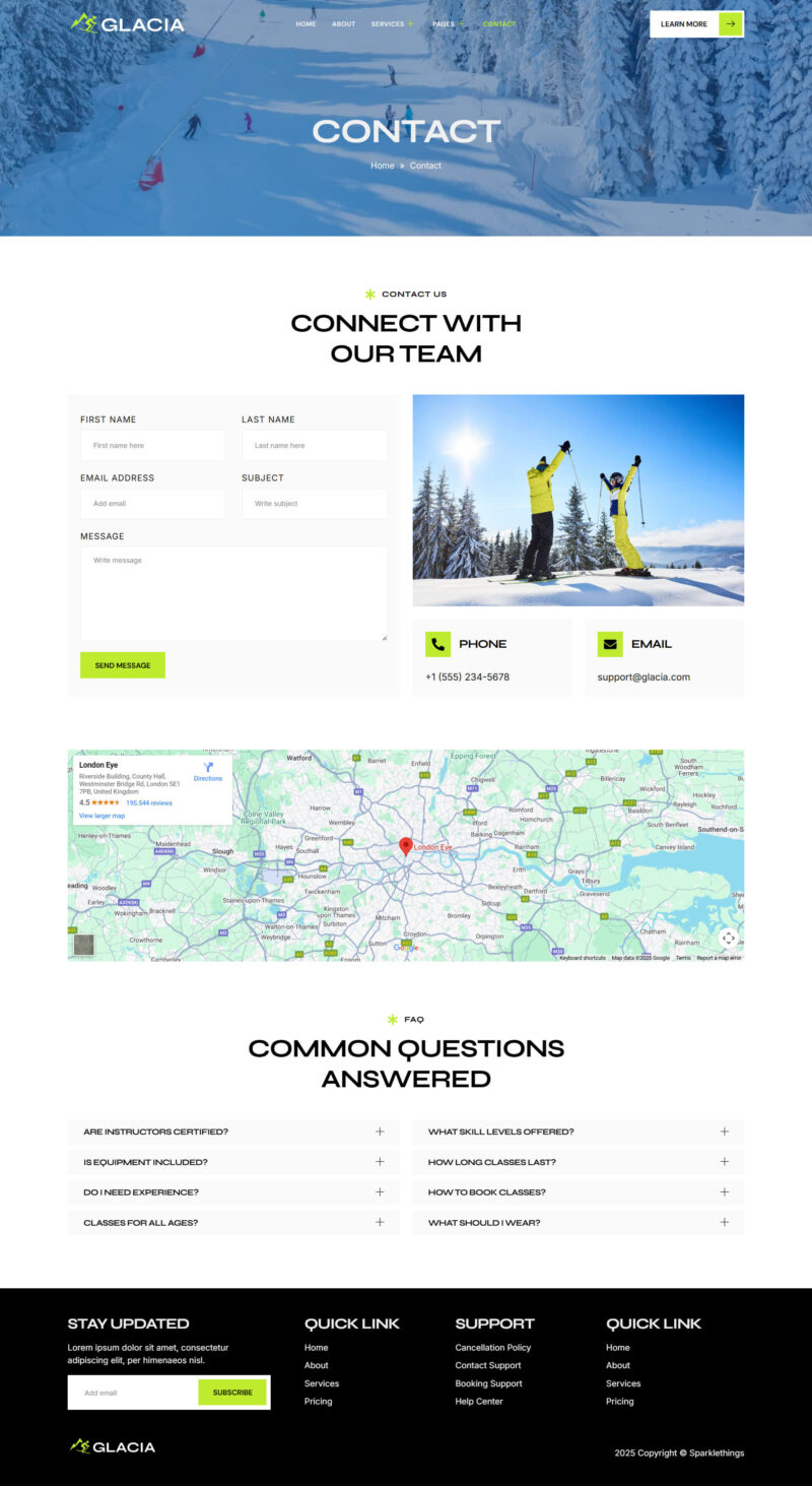 Contact — Glacia - Ski Resort & Snowboard Classes Elementor Template