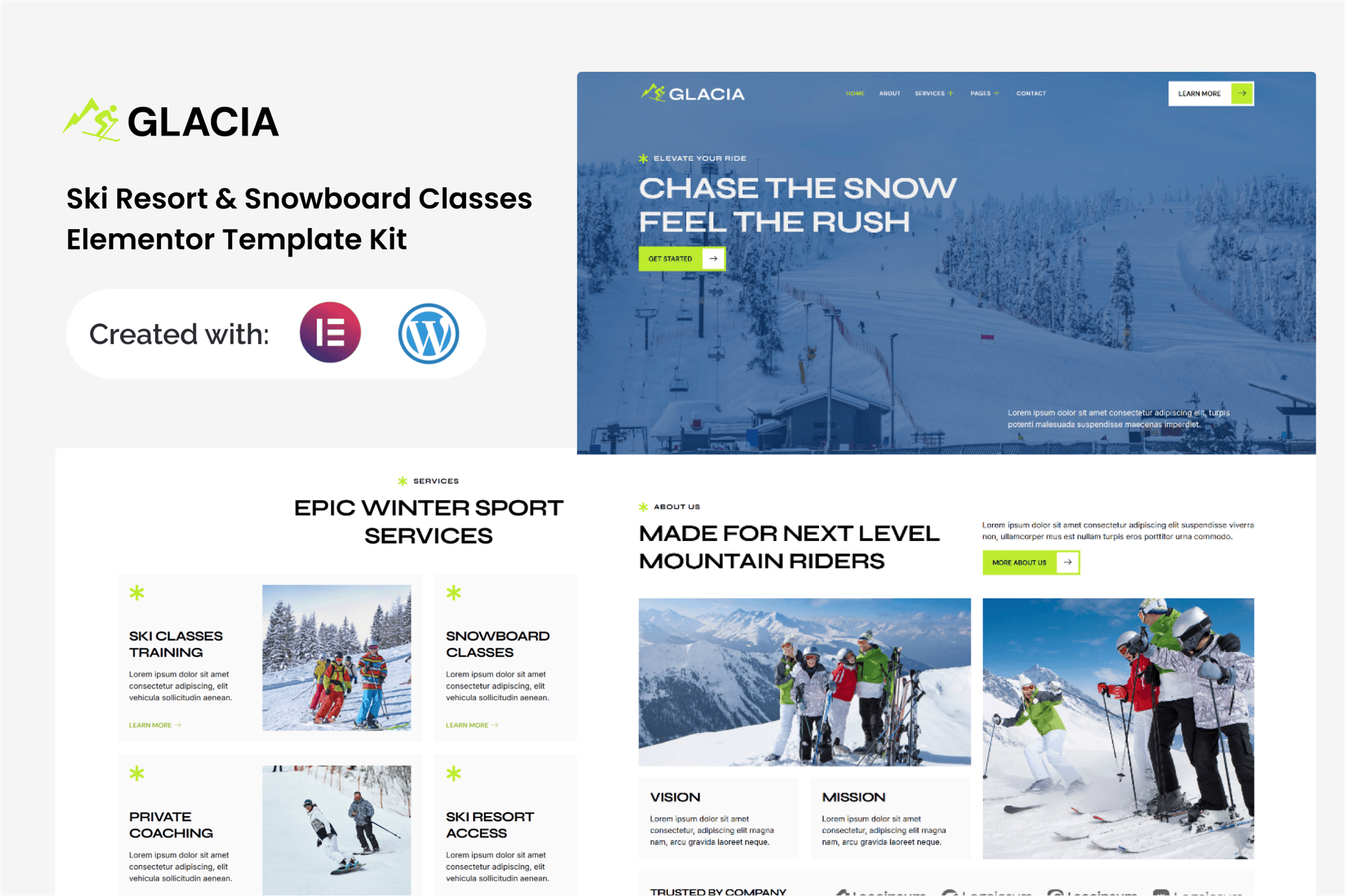 Glacia - Ski Resort & Snowboard Classes Elementor Template — Elementor template kit cover