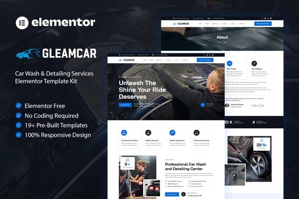Gleamcar - Car Wash & Detailing Service Elementor Template — Elementor template kit cover