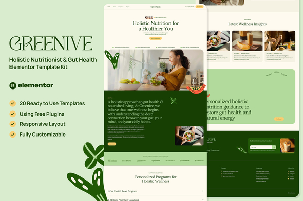 Greenive - Holistic Nutritionist & Gut Health Elementor Template — Elementor template kit cover