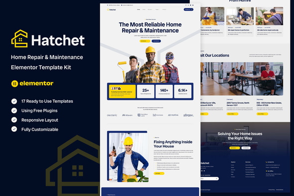 Hatchet - Home Repair & Maintenance Elementor Template — Elementor template kit cover