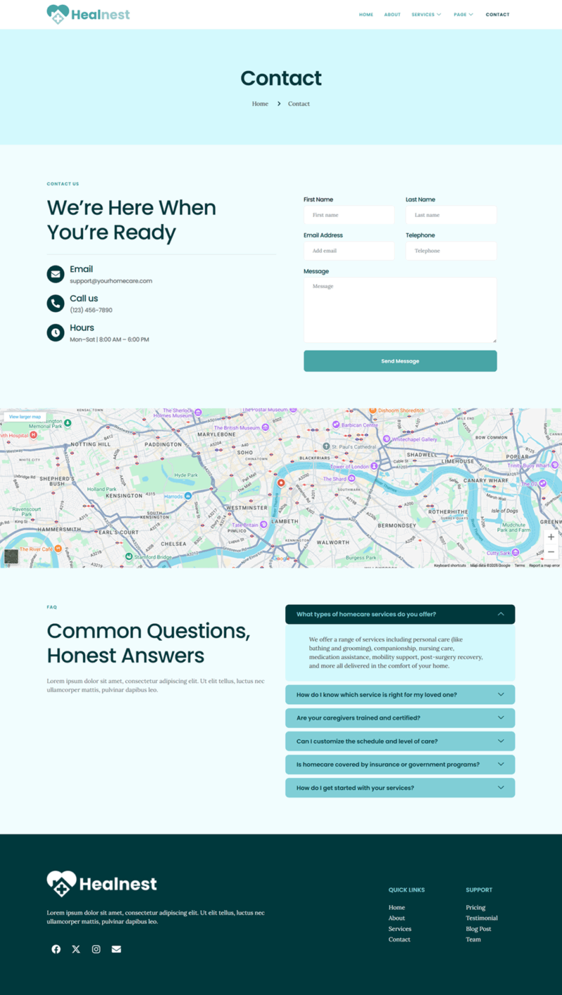Contact — Healnest - Home Care Services Elementor Template