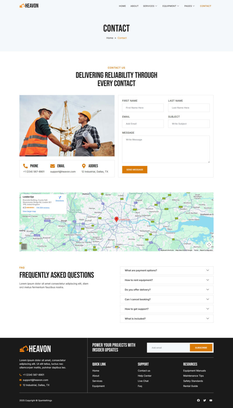 Contact — Heavon - Heavy Equipment Rental Elementor Template