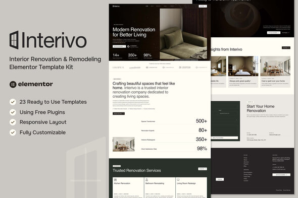 Interivo - Interior Renovation & Remodeling Elementor Template — Elementor template kit cover