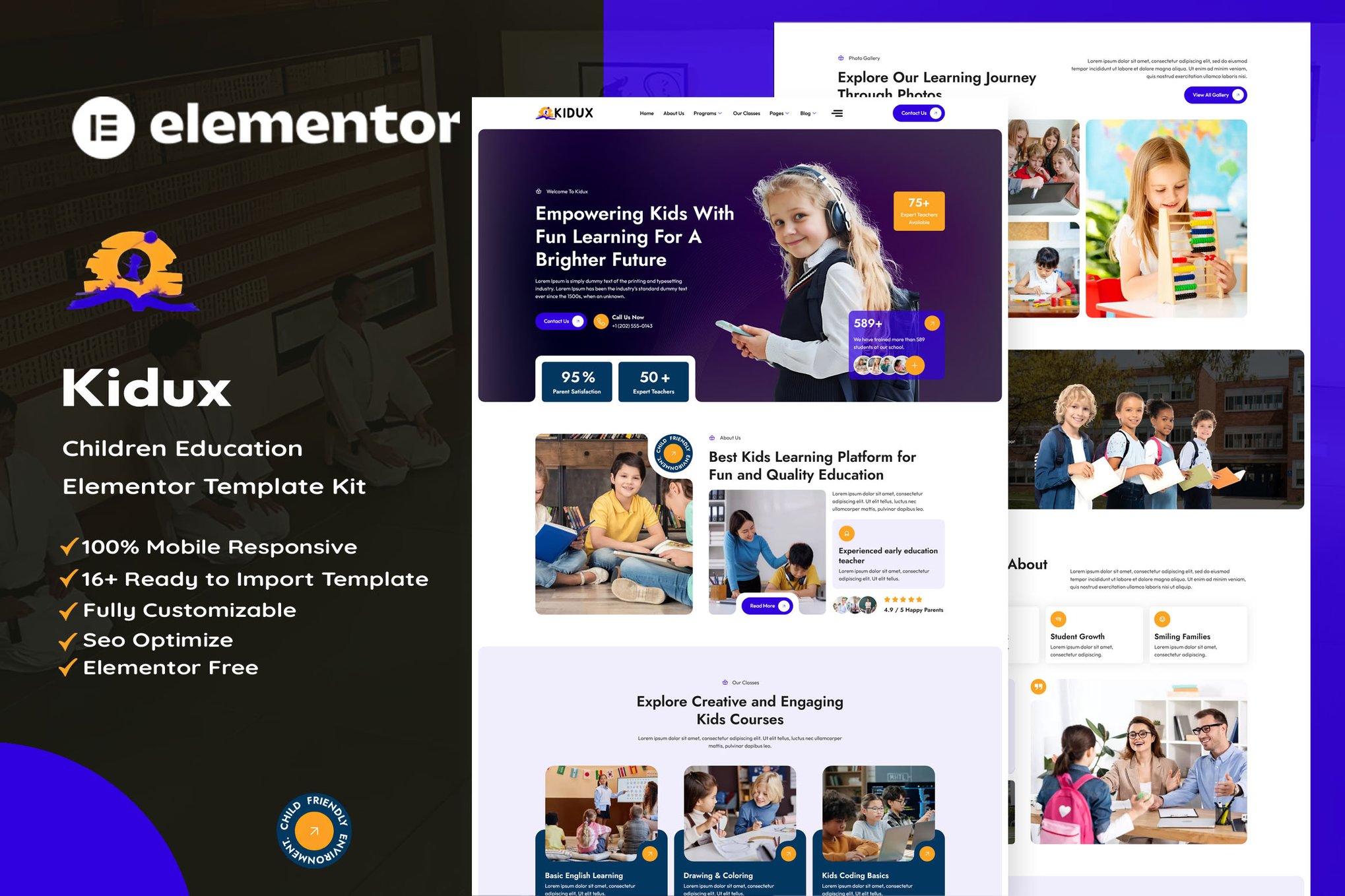 Kidux - Children Education Elementor Template — Elementor template kit cover