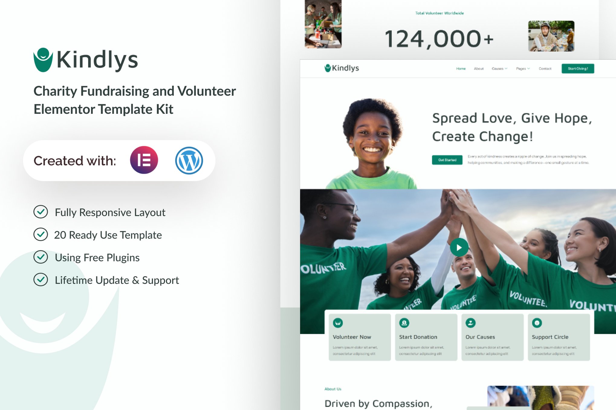 Kindlys - Charity Fundraising & Volunteer Elementor Template — Elementor template kit cover