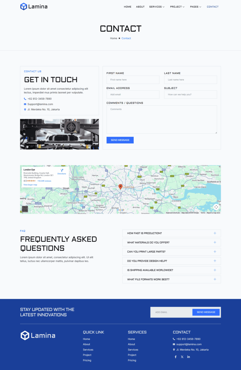 Contact — Lamina - 3D Printing Services Elementor Template