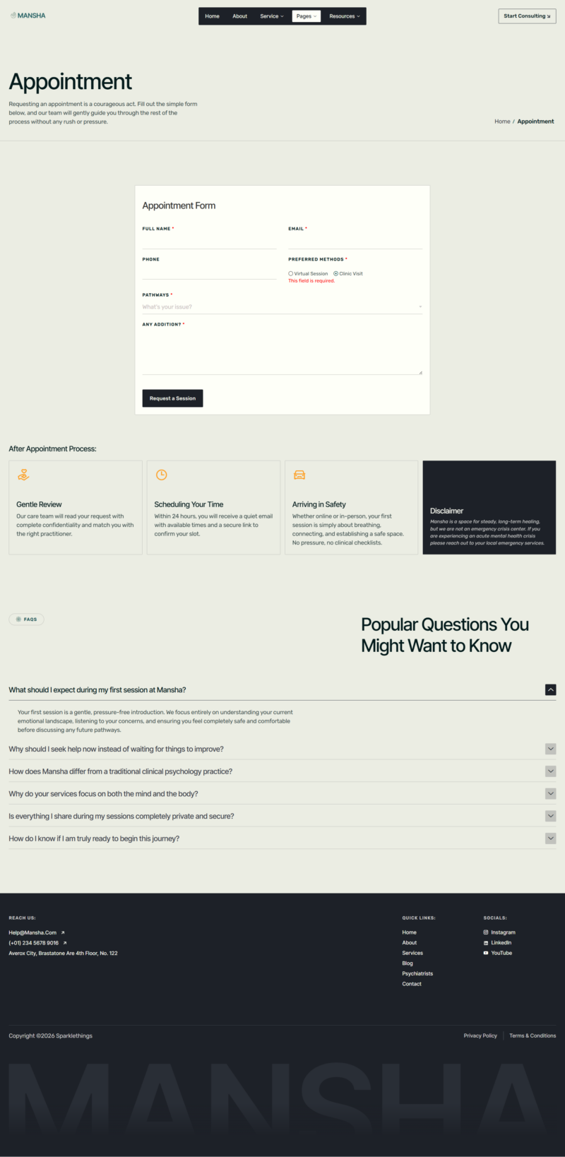 Appointment — Mansha - Mental Health & Psychology Elementor Template