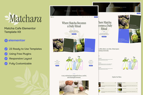 Matchara - Matcha Cafe Elementor Template — Elementor template kit cover