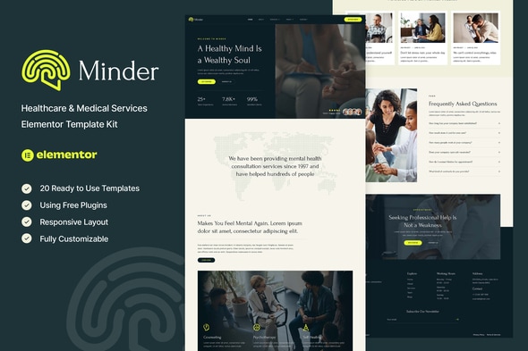 Minder - Mental Health & Therapy Elementor Template — Elementor template kit cover