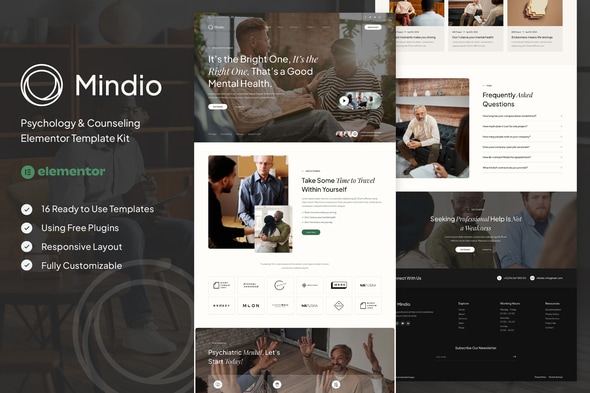 Mindio - Psychology & Counseling Elementor Template — Elementor template kit cover