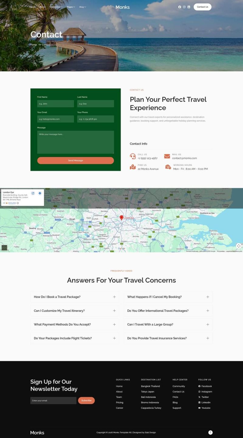 Contact — Monks - Tour & Travel Agency Elementor Template