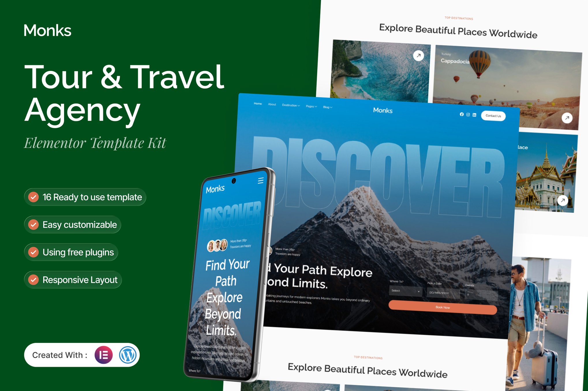 Monks - Tour & Travel Agency Elementor Template — Elementor template kit cover