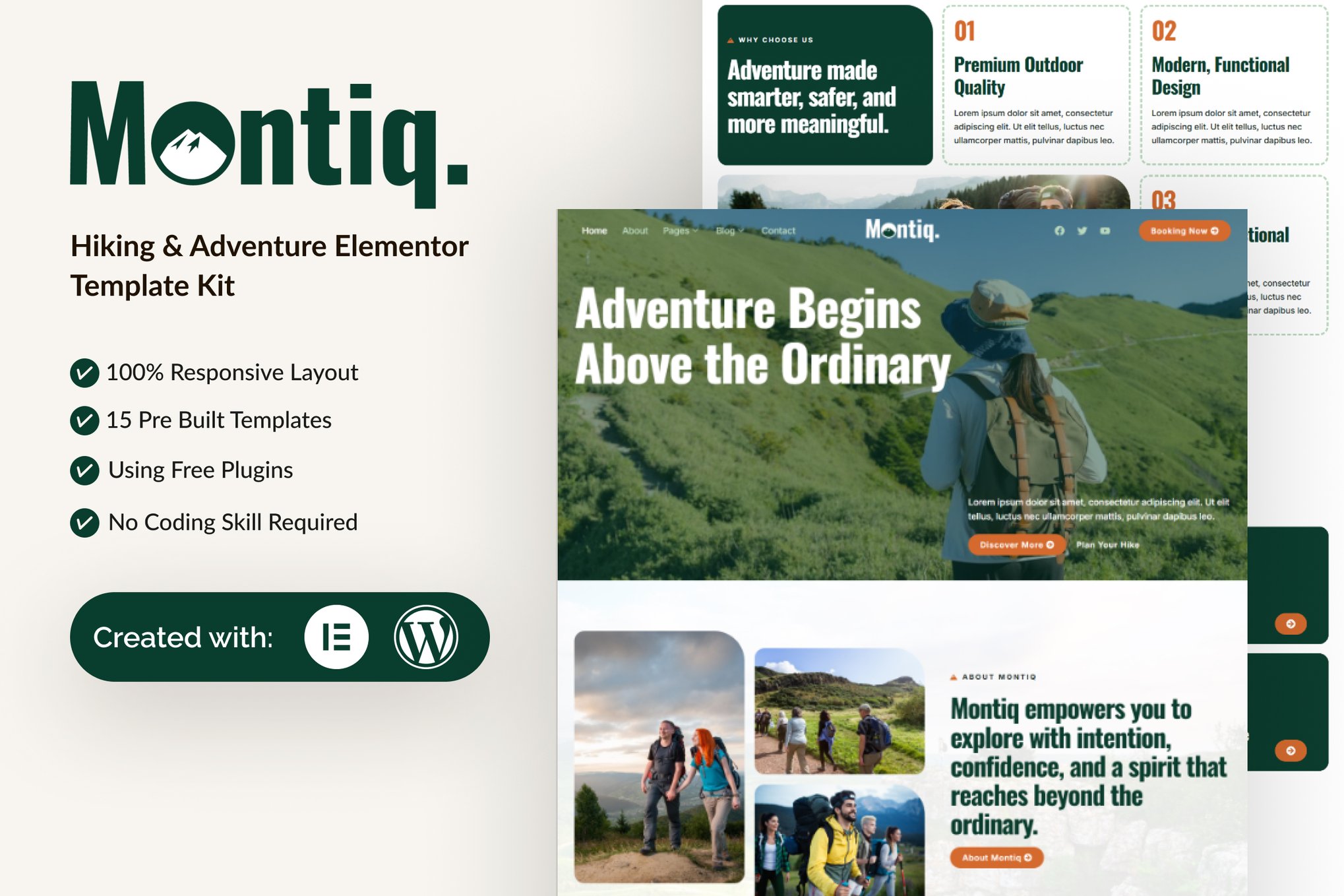 Montiq - Hiking & Adventure Elementor Template — Elementor template kit cover