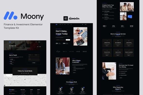 Moony - Finance & Investment Elementor Template — Elementor template kit cover