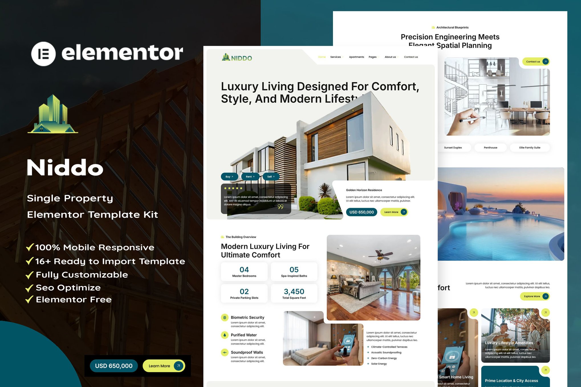 Niddo - Single Property Elementor Template — Elementor template kit cover