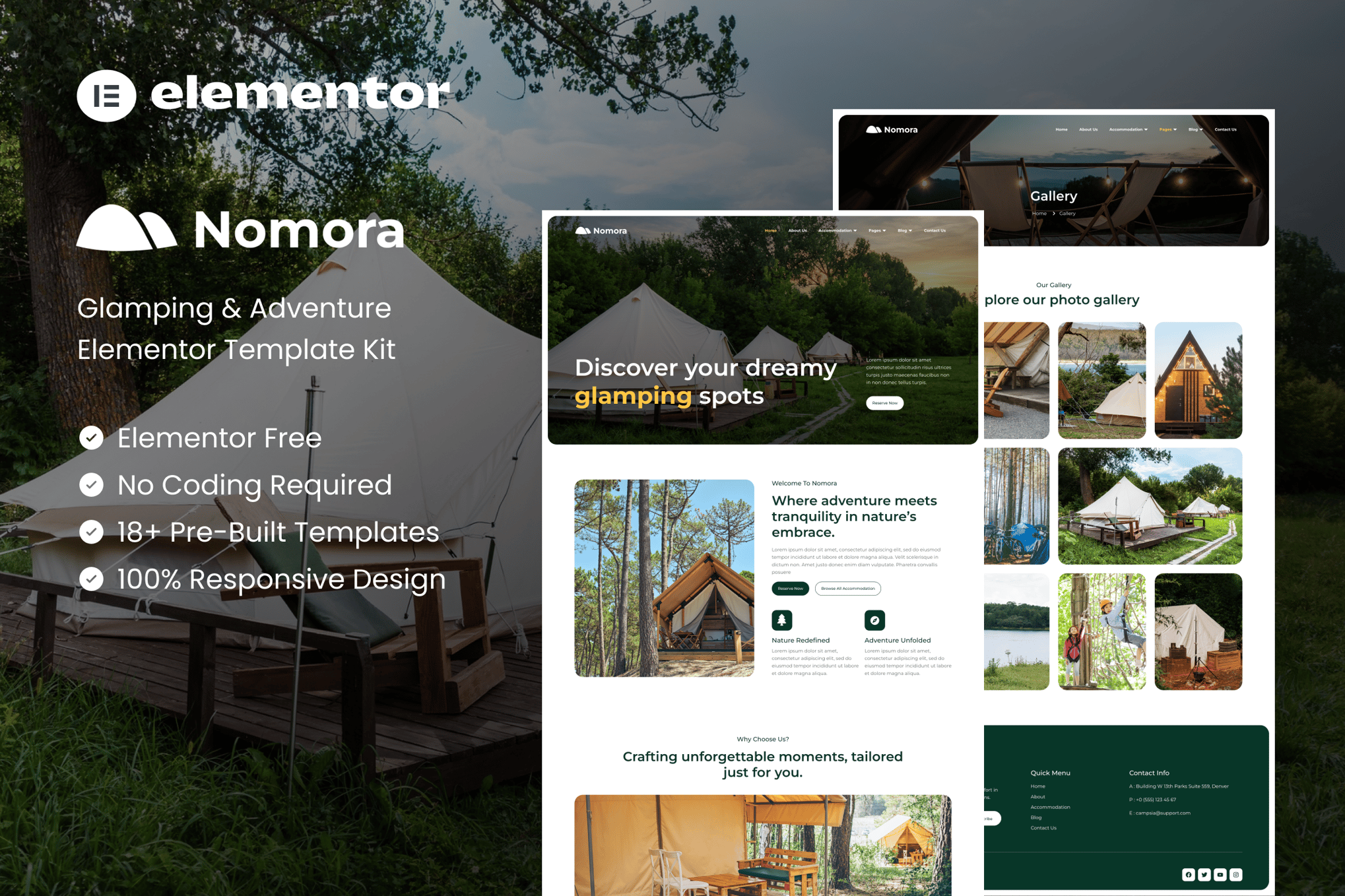 Nomora - Glamping & Adventure Elementor Template — Elementor template kit cover