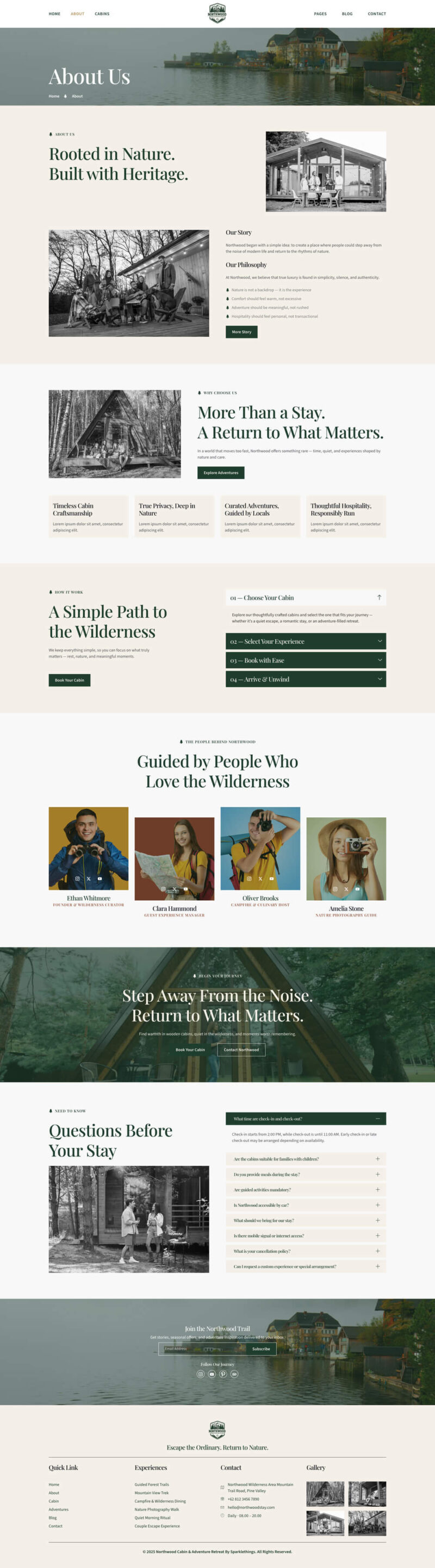 About — Northwood - Eco-Friendly Cabin Rental Adventure Elementor Template