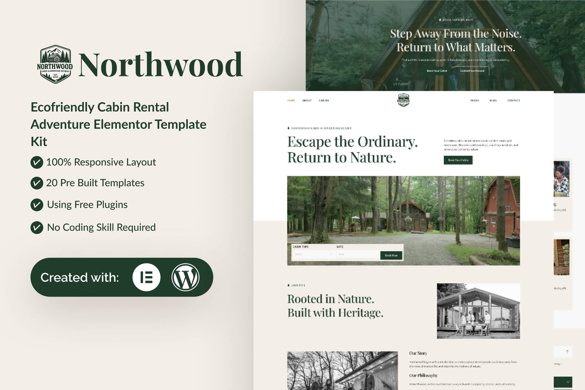 Northwood - Eco-Friendly Cabin Rental Adventure Elementor Template — Elementor template kit cover